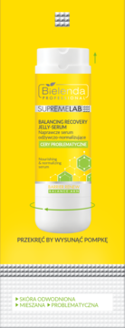 Bielenda SUPREMELAB Balancing Recovery Jelly-Serum, żółta butelka z białą górą, front, pompka twist-up do cery problematycznej.