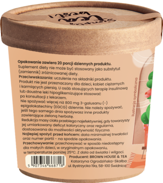 Tył okrągłego, brązowego opakowania herbatki Żegnamy Kilogramy z instrukcją i składem na odchudzanie.