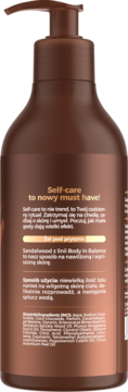Tył brązowej butelki żelu pod prysznic Self-care z pompką, widoczne etykiety z opisem składników.