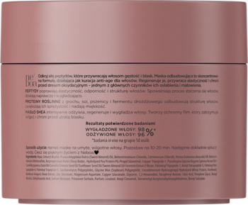 Tył różowo-brązowego opakowania maski odbudowującej z peptydami i proteinami. Widoczny opis w języku polskim.