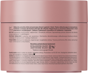 Tył różowej maski do włosów z peptydami i proteinami, z opisem właściwości odbudowujących i anti-age.