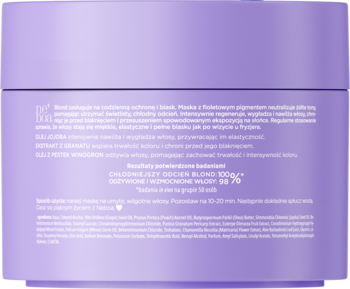 Fioletowa maska ochronna do włosów blond z tyłu, z tekstem o chłodnym odcieniu i intensywnej kuracji.