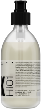 Tył butelki szamponu FLK High Intense z czarną pompką. Widoczne informacje o produkcie i składzie po polsku.