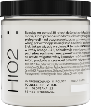 Tył białego słoika HIO2 maski odbudowującej włosy z kwasami omega i peptydami roślinnymi.