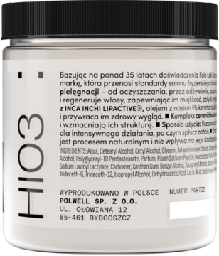 Tył białego słoika HIO3 z czarną nakrętką, polska etykieta z opisem i składem odżywczej maski do włosów.