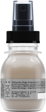 Odżywka High Intense All-in-One w sprayu HI04, beżowa butelka z czarną pompką, widok z przodu. Chroni włosy przed puszeniem.