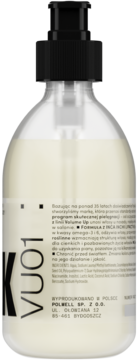 Przezroczysta butelka VU01 z kremowym płynem i czarną pompką, widok z przodu. Zawiera formułę Inca Inchi.