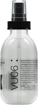 Tył butelki sprayu do włosów VU06 z czarnym atomizerem, widoczna lista składników po polsku.