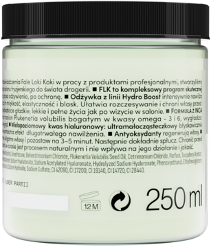 Tył zielonego słoika odżywki Hydro Boost do włosów, czarna nakrętka, widoczne szczegóły opisu produktu i 250 ml.