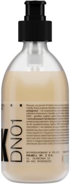 Boczny widok butelki z beżowym szamponem K DN01, etykieta z polskim opisem do włosów zniszczonych keratyną.
