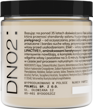 Tył opakowania maski do włosów DNO2 z aminokwasami keratynowymi, kremowe wnętrze, czarna zakrętka, biała etykieta z polskim tekstem.