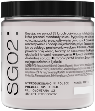 Tył beżowego słoiczka maski do włosów SG02 z czarną nakrętką, widoczne polskie opisy, składniki.