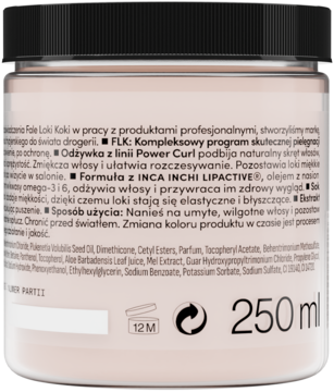 Tył beżowego słoiczka odżywki Power Curl Inca Inchi Lipactive 250 ml, z czarną nakrętką i tekstem o składnikach.