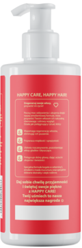Tył białej butelki z pompką, różowa etykieta z napisem Happy Care, Happy Hair i opisem korzyści po polsku.