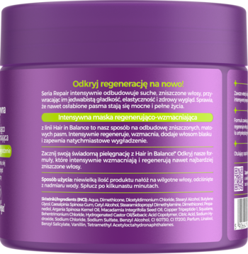 Fioletowe opakowanie maski regenerującej Hair in Balance, widok z tyłu z polskim opisem i składnikami.