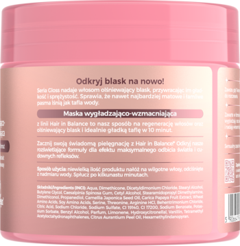 Tył różowej maski do włosów Hair In Balance, wygładzająco-wzmacniającej, z polskim tekstem i składnikami.