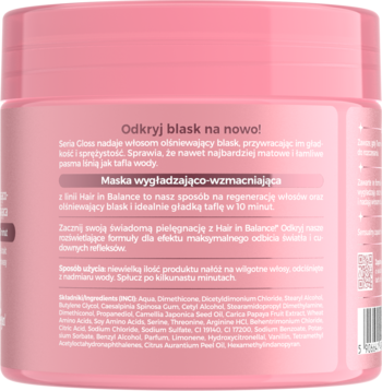 Tył różowej maski Hair in Balance wygładzająco-wzmacniającej z widocznymi składnikami.