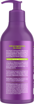 Fioletowa butelka z pompką szamponu Hair in Balance. Widok od tyłu z pełnym polskim opisem produktu i składnikami.