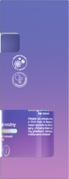 Fragment reklamy olejku do włosów z ikonami mroźnego blasku i termoochrony, na fioletowym tle.