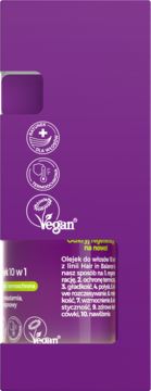 Fioletowe opakowanie olejku do włosów 10w1 Hair in Balance, z ikonami: Vegan, ochrona termiczna i testowany dermatologicznie. Widok boczny.