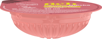 Różowy kubeczek deseru MOKA z ryflowanym spodem i wieczkiem, widok z boku i góry, na ciemnym tle.