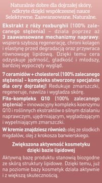 Różowy blok tekstowy: Krem RÓŻA, intensywnie regenerujący dla cery dojrzałej, z różą, ceramidami i Q10.
