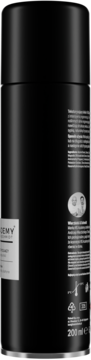 Czarny spray do włosów ADEMY, widok z tyłu z instrukcjami, ikonami i napisem 200 ml. Matowe wykończenie.