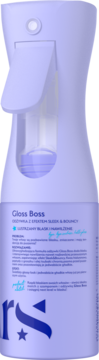Fioletowa odżywka w sprayu Gloss Boss dla lśniących i nawilżonych włosów, widok z przodu pod kątem.