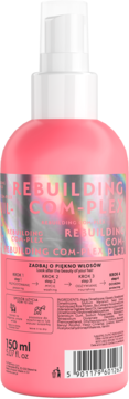 Różowa butelka kremu REBUILDING COM-PLEX z pompką, widok z tyłu z instrukcjami i składem. 150 ml.