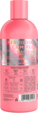 Tył różowego szamponu REBUILDING COM-PLEX, z holograficzną etykietą, widocznymi składnikami i kodem.