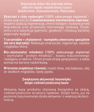 Różowy panel z opisem składników Kremu RÓŻA, m.in. róża, ceramidy, masło shea, na dojrzałą skórę.