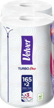 Dwa białe ręczniki papierowe Velvet Turbo Duo, 3-warstwowe, w przezroczystym opakowaniu z fioletowym logo i suwakiem.