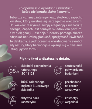 Fioletowy baner reklamowy kremu liftingującego UZDROVISCO Tuberoza, opisujący naturalny skład 98% i wegańską formułę.