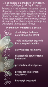 Fioletowa infografika kremu TUBEROZA z białymi kwiatami, lista cech: 98% naturalnych składników, wegański.