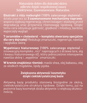 Fragment opakowania kremu UZDROVISCO RÓŻA, opis składników aktywnych dla cery dojrzałej, różowe tło.