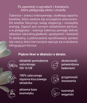 Grafika UZDROVISCO Tuberoza: krem liftingujący, 96% nat. składników, wegański. Fioletowe tło z białymi ikonami.