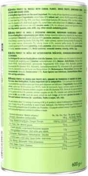 Tył opakowania Musli Perfect 10 z płatkami, suszonymi owocami i nasionami, z zielonym tłem i białym tekstem.