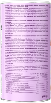 Muesli Perfect 10, tył opakowania z etykietą składników i tabelą wartości odżywczych na fioletowym tle.