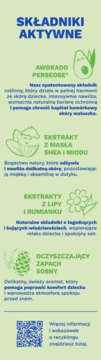 Składniki aktywne balsamu do nacierania: awokado, masło shea, miód, ekstrakty z lipy i rumianku, zapach sosny.