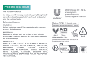 Tył opakowania Dove Prebiotic Body Serum, zielony pasek, białe tło z listą składników i użycia.