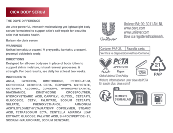 Tył opakowania Cica Body Serum Dove z listą składników, ostrzeżeniami i instrukcjami użycia produktu.