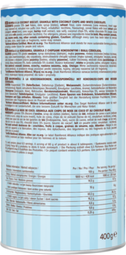 Tył cylindrycznego opakowania granoli kokosowo-czekoladowej; niebiesko-białe pasy, tekst informacyjny.