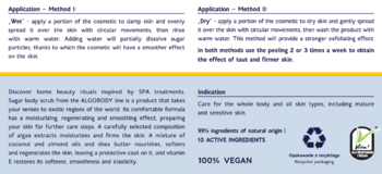 Tekst o peelingu cukrowym Sensum Mare Algobody: aplikacja, skład, 99% natury, wegański. Na żółto-niebieskim tle.