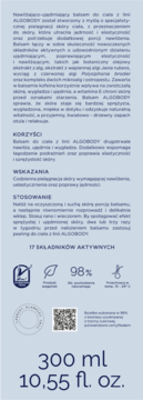 Tył opakowania balsamu do ciała Sensum Mare Algobody, szczegóły składników, korzyści, stosowanie, 300 ml.