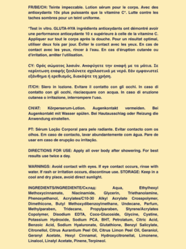 Tył etykiety balsamu Vaseline Gluta-Hya Flawless Tone, wielojęzyczne instrukcje, ostrzeżenia i pełna lista składników.