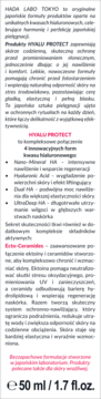 Bliski kadr etykiety Hada Labo Tokyo Hyalu Protect. Widoczny opis składu: 4 formy kwasu hialuronowego, Ecto-Ceramidy.