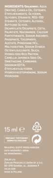 Tył opakowania kremu pod oczy Ziaja, 15ml. Widoczne składniki z witaminami C/B3, info o producencie i Made in Poland.