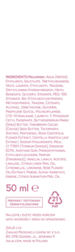 Tył kremu Ziaja Satin Glow SPF 30 z listą składników w różowym kolorze, oznaczeniem 50 ml i danymi producenta.