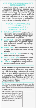 Tył opakowania serum wygładzającego na niedoskonałości, z polskim i angielskim opisem składu i użycia.
