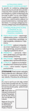 Tył opakowania kremu Bielenda ULTRALEKKI KREM NAWILŻAJĄCO-NORMALIZUJĄCY, biała etykieta z tekstem PL/EN.